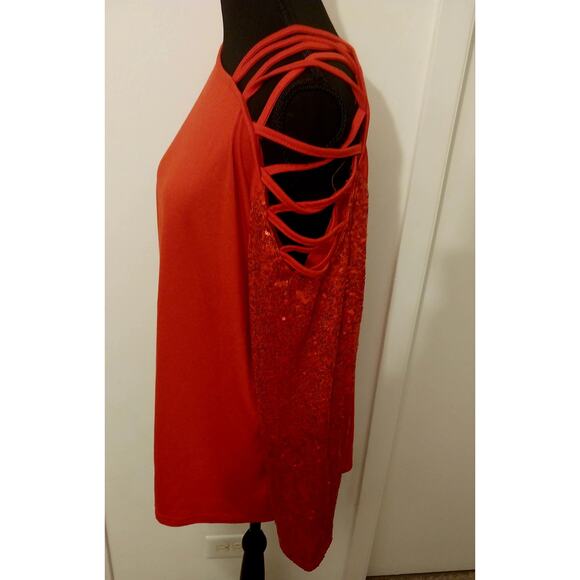 Red Sequin Cold Shoulder Strappy Long Sleeve Shirt Women’s 2XL Holiday Party - Picture 3 of 9
